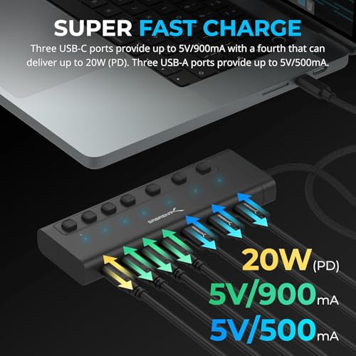 SABRENT Powered USB Hub, USB Hub Powered Docking Station USB Splitter, 7-Port 48W Powered USB C Hub with Switches (HB-3A4C) - Image 3
