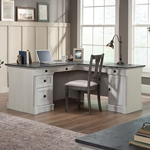 Image of Sauder Palladia L Shaped Desk with Drawers, Office Desk with File Cabinet Storage, Cable Management, Keyboard Tray, in Glacier Oak Finish