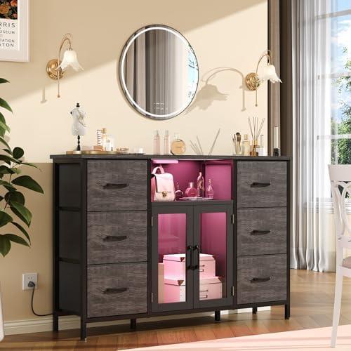 Dresser for Bedroom with Charging Station & LED Lights, Grey 6 Drawer Dresser with Adjustable Feet, Wide Anti-Tip TV Stand for 60" TV, Fabric Chest of Drawers Storage Organizer for Closet, Living Room