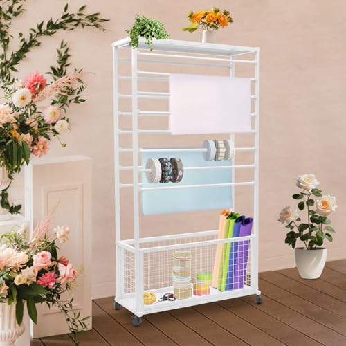 Image of CNCEST Double-Sided 16-Layer Ribbon Holder Organizer Rack,Free Standing Mobile Ribbon Holder,Metal Ribbon Stand Organizer Ribbon Storage Shelf for Craft Room,Wrapping Paper (White,31.5x12.6x59.06in)