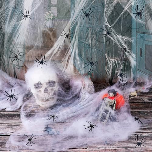 200g Spinnennetz Halloween Deko Outdoor,Spinnweben Spray Halloween Spinnennetz Dekoration Groß Weiß Spider Web Decoration Gruselig Spinnenweben mit 30 Spinnen Requisiten Party Dekorationen für Garten