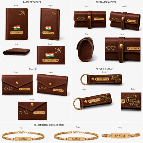 Image of SAVRI Personalized Raksha Bandhan Gift for Sister | Customized Women's 4 Piece Gift Combo with Name Engraving & Golden Chain Rakhi | Personalised Rakhi Gift Hamper for Behen Sis | Best Gifts for Women