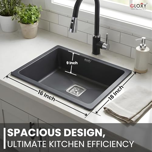Image of Gloxy Premium Granite Quartz Kitchen Sink 16 inch x 18 inch x 9 inch - Black Matte Finish Quartz Sink with Coupling Pipe and Drain Basket - Single Bowl Sink Undermount /Topmount Installation - 3 Years Warranty