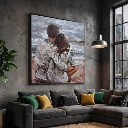 Toile couple enlacé déco bord de mer tableau océan 65x65cm