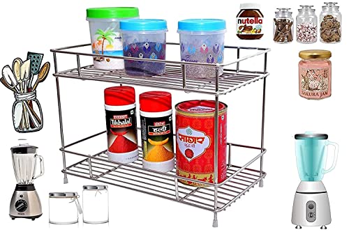Image of Kitchen Organizer Rack Stainless Steel 2 Tier Kitchen Shelf Organizer for Countertop Storage Spice Stand Multipurpose Rack for Kitchen Storage Shelf Stand for Home and Office Use