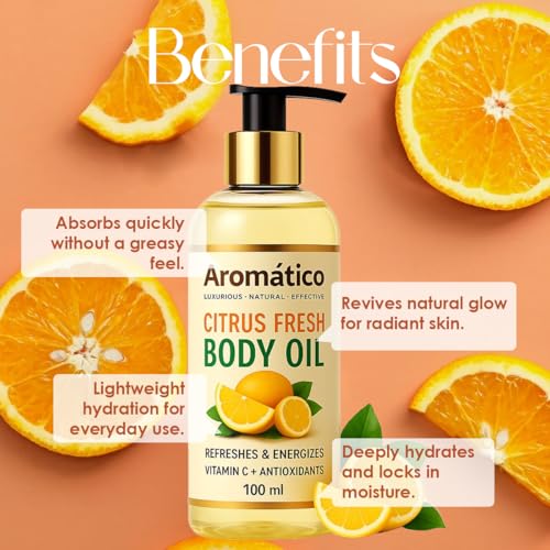 Image of AROMATICO Citrus Fresh Body Oil for Women | Dry Skin-Deep Hydration Formula for Glowing Skin in the Winters | Non-Sticky Texture, for Daily Use after Bath | Cozy & Creamy Fragrance - 100ml