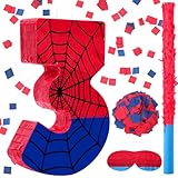 Simgoing Number 3 Spider Piñata Bundle with Blindfold and Bat Hero Small Piñata Birthday Party Decoration for Mexican Fiesta Cinco De Mayo Anniversary Celebration Gift, 15.75 x 11 x 2.8 in(Red Blue)