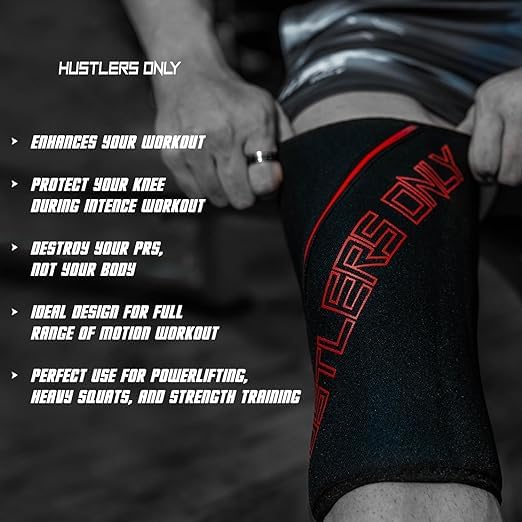 Hustlers Only Genouillères de gymnastique 7 mm pour haltérophilie, genouillères double épaisseur pour soutien, soulagement et protection du genou, paire robuste pour homme fort et femme (noir/rouge, L