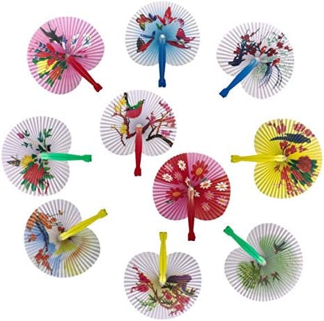 Bestage 20 Pcs Folding Handheld Fans Paper Chinese Oriental Floral Wedding Round Shaped Accordion Fans Assortment with Plastic Handle for Birthday Party Favors Kids Supplies(Colorful Handle)