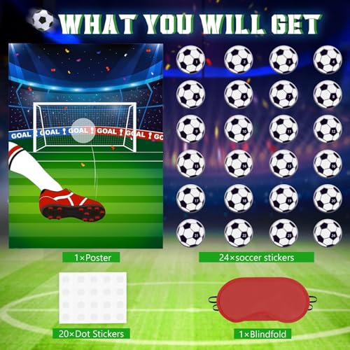 Image of WERNNSAI Soccer Party Game for Kids Sports Themed Party Decorations | Pin The Soccer on The Goal,Football Party Games for Classroom Activities,28 inch x 21 inch Poster with 24 Stickers and Blindfold