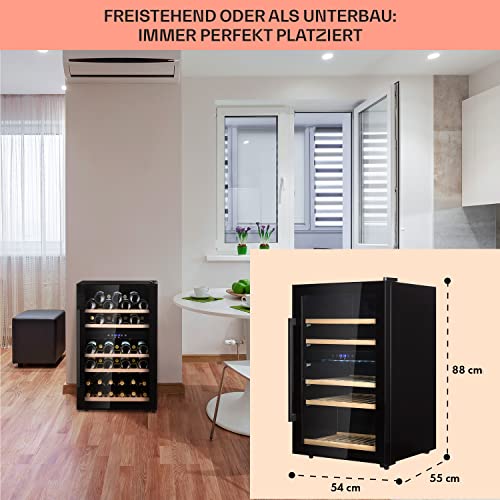 Klarstein Weinkühlschrank, Getränkekühlschrank Schmal, 2 Zonen Kühlschrank mit Glastür, Getränkekühlschränke Freistehend, Weinkühlschrank Klein, Weinkühlschränke mit UV-Schutz, 5-22 °C, 29 Flaschen