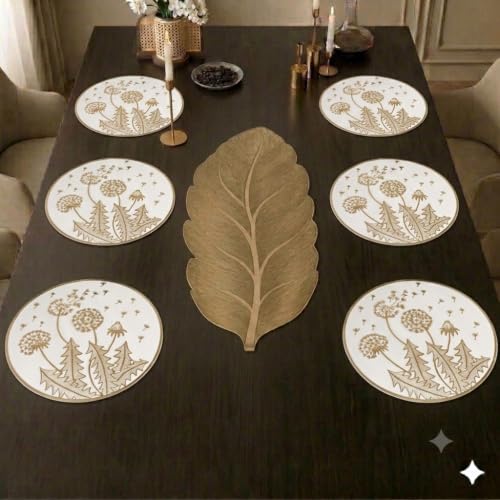 Image of Dakshya Industries Dining Table Mats Round PVC Set | 6 Waterproof Placemats (38 x 38 cm) + 1 Table Runner (91 x 33 cm) | Heat Resistant, Kitchen Decor (Platinex)