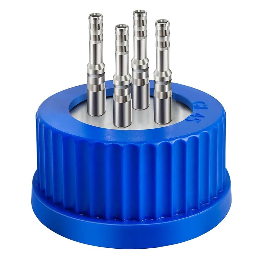 UDSKNV[KSL GL45 Safety Bottle Cap in 304 Stainless Steel, Large Size, for Laboratory Use, Autoclavable 4-Port