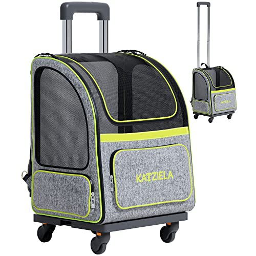 Katziela Wheeled Pet Carrier Backpack - Soft Sided Airline Approved Hiking Carrying Bag for Small Dogs and Cats Removable Rolling Wheels Mesh Ventilation Windows Storage Pockets (Green/Gray)
