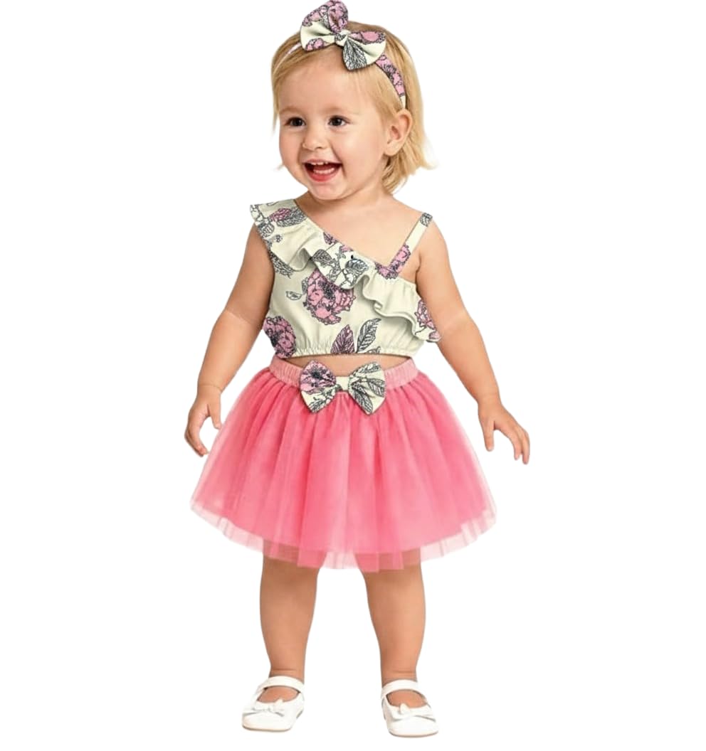A.T.U.N. (ALL THINGS UBER NICE) Top corto con estampado asimétrico para bebé niña con falda de tutú acampanada y diadema a juego | Elegante conjunto de 3 piezas para niños