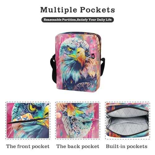 Crossbody Bag American Bald Eagle Pink Graffiti Messenger Bag for Women Men Purse Shoulder Bag Satchel Bag with Adjustable Strap 214B61022