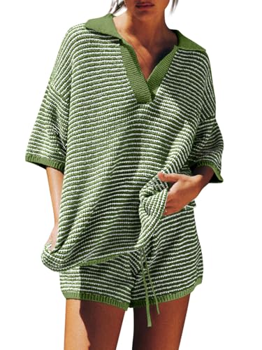 Image of Tankaneo Womens Sweater Set 2 Piece Outfits Oversized 3 /4 Sleeve V Neck Knit Tops High Waisted Shorts Lounge Sets