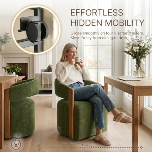 Image of KISLOT Upholstered Dining Chairs Set of 4, Modern Wooden Arm Kitchen & Dining Room Chairs with Hidden Casters, Fabric Padded Rolling Chairs, Sturdy Wood Frame, 300 lbs Capacity, Green