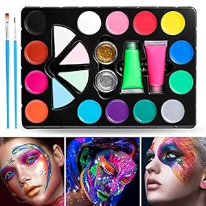 Janolia 18 Colors Pintura Facial, Pintura Corporal con 14 Colores Normales, 2 Fluorescentes y 2 Purpurinas, Maquillaje…