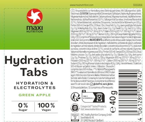 MaxiNutrition Hydration Tabs Green Apple 6er Pack, 6x10 (240g) Elektrolyte-Tabletten für erfrischendes Fitnessgetränk, Regenerierung des Mineralhaushalts, zuckerfrei, vegan, ohne künstliche Aromen
