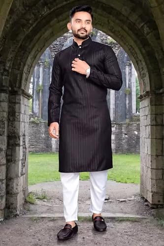 Gauri Laxmi Enterprise Pyjama Kurta en coton mélangé avec doublure Zari pour homme, Noir, L – vue 2
