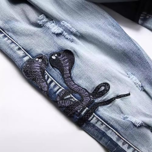 Men's Blue Embroidered Jeans, Ripped Stretch Slim Jeans, Jeans Versatile for Any Occasion,304