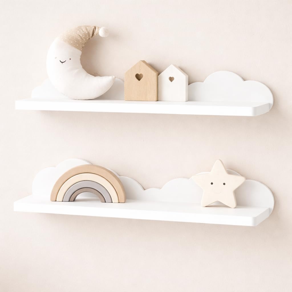 HomeZone® Lot de 2 étagères flottantes en Forme de Nuage pour Chambre d'enfant ou Salle de Jeux Panneau MDF Blanc, étagère légère pour Rebord d'image, étagère pour Chambre de bébé, Murale 54 cm
