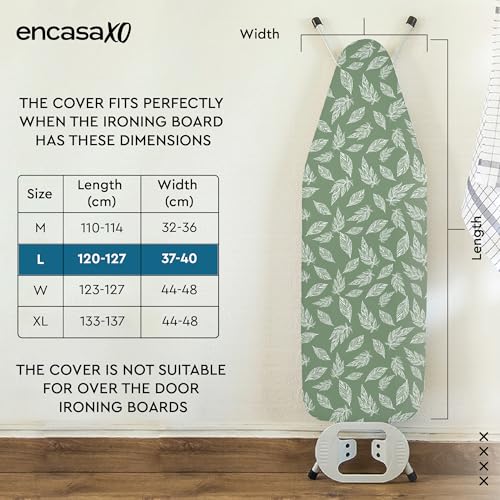 Image of Encasa XO Ironing Board Cover with 3mm Thick Felt Pad for Steam Press (Fits Standard Large Boards of 125x39 cm) Heat Reflective, Scorch & Stain Resistant, Printed - Big Leaves Green