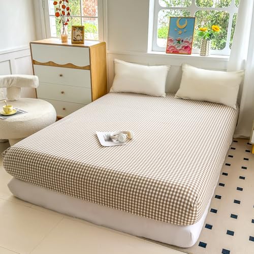 Image of Mucalis Tan Gingham Fitted Sheet Queen Only Deep Pocket 16 Inch 100% Washed Cotton Beige Plaid Checkered Bottom Sheet,Soft,Breathable,Easy Care