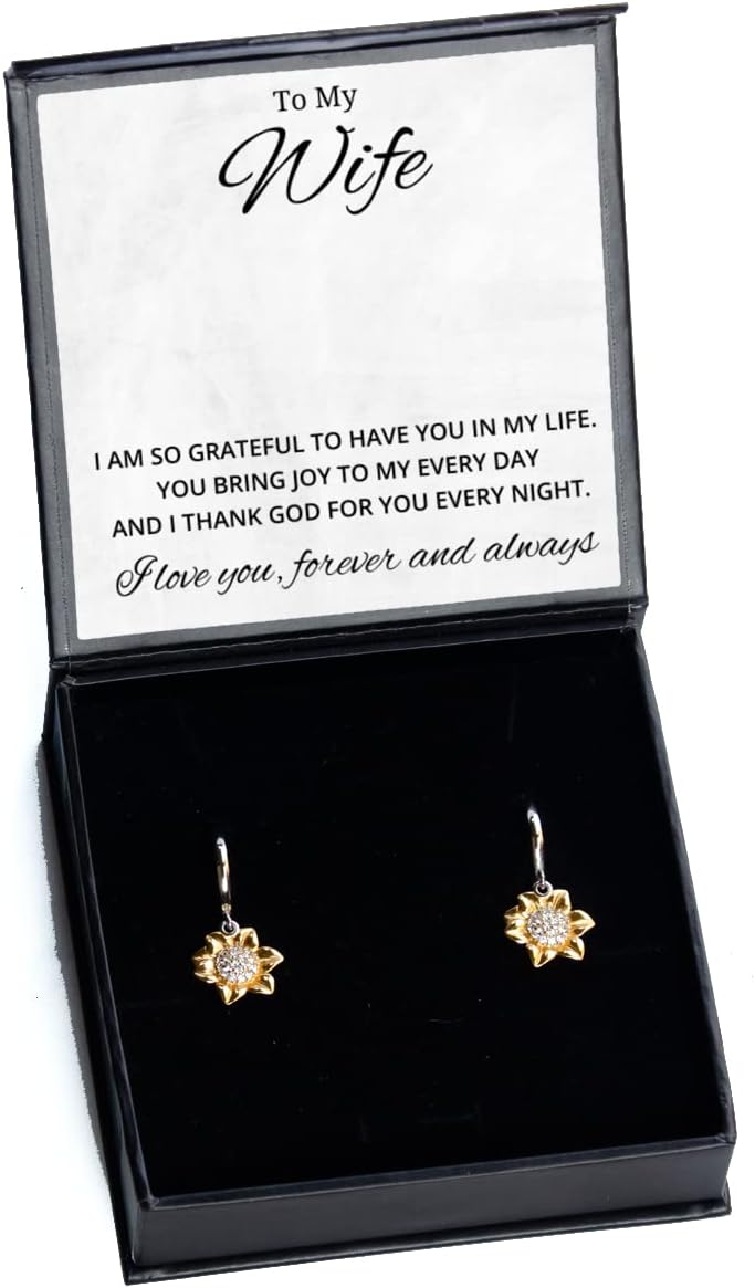 to My Wife Sunflower Earrings, I Am So Grateful to Have You in My Life, Best Birthday Gifts, Engagement Gifts, Wedding Gifts, Valentines Day Gifts for Wife from Husband