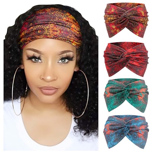 Image of DRESHOW 4 Pack Turban Headbands for Women Wide Vintage Head Wraps Knotted Cute Hair Band Accessories