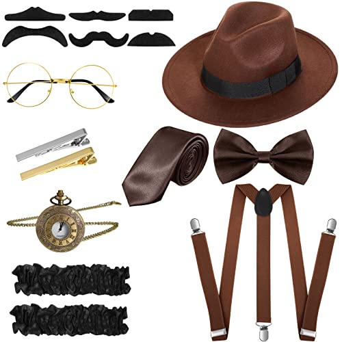 SATINIOR 1920s Old Men Costume Roaring Retro Accessories Set Gangster Hat Bow Tie Pocket Watch Suspender Glass Beard Tie Clip(Brown Simple Style)