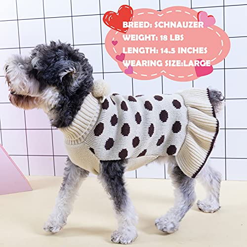 Kyeese Dog Sweater Dress Polka Dot Turtleneck Medium Dogs Sweaters Beige With Leash Hole Knit Pullover With Pom Pom Ball #TOP3