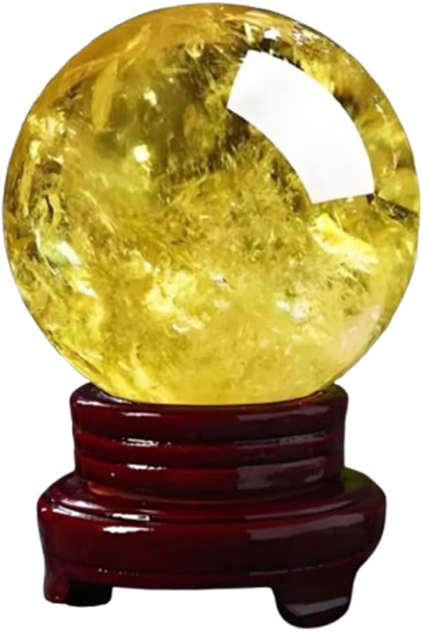 Citrine Crystal Ball, Yellow Crystal Gemstone Sphere Feng Shui Money Stone with Wooden Stand for Divination Feng Shui Protection Decor,9cm
