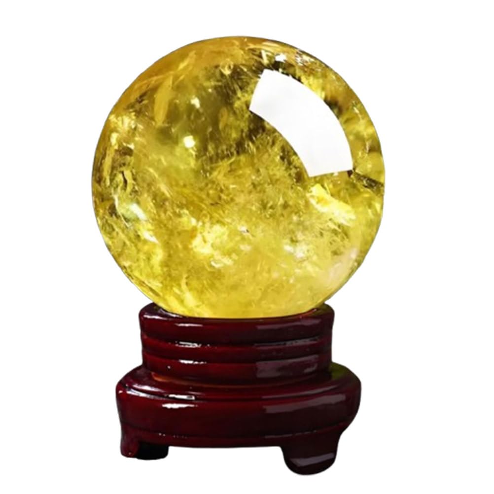 CNTUSRXT Citrine Crystal Ball, Yellow Gemstone Sphere Feng Shui Money Stone with Wooden Stand for Divination Protection Decor,9cm Gemstone Stone
