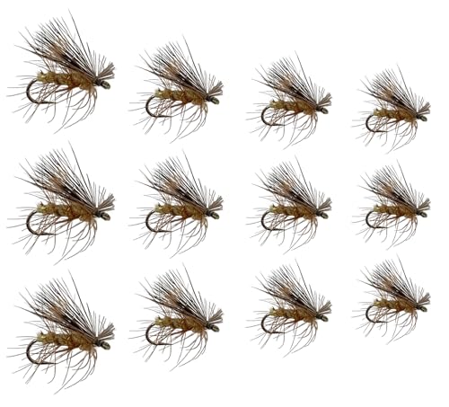 Feeder Creek Premium Yellow Elk Hair Caddis Flies - 12pc Fly Fishing Assortment with 4 Sizes - Dry Flies