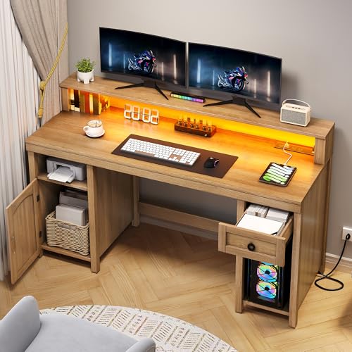 DWVO Farmhouse Office Desk with Drawer & Power Outlets, Rattan Computer Desk w/LED Strip & Monitor Stand for Bedchamber Study, Home Office Table w/Storage Cabinet for Working Writing Gaming (Oak)