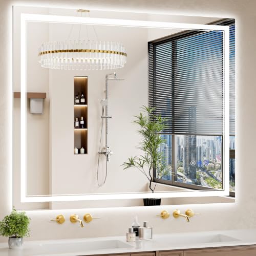 Image of 40 inchx48 inch LED Bathroom Mirror with Lights, Anti-Fog, Backlit + Front Lit, Dimmable, Led Vanity Mirror for Wall, Lighted Bathroom Mirror, 15 Colors, Shatter-Proof Tempered Glass