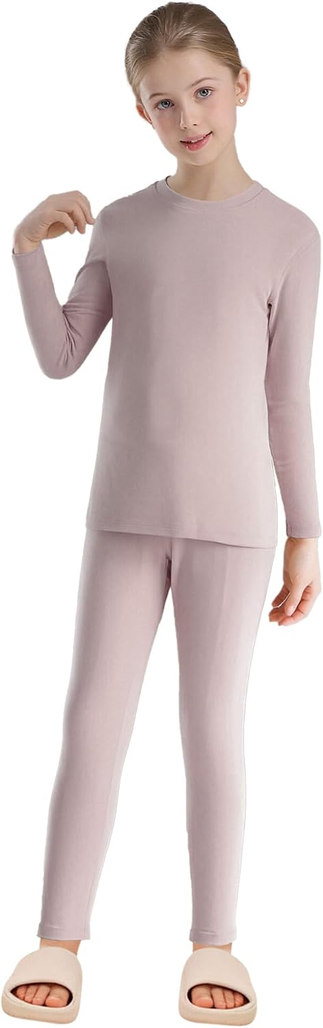 Hansber Kids Boys Girls Fleece Thermal Underwear Set Long Sleeve Top and Leggings Sleepwear Homewear Pink 13-14 Years