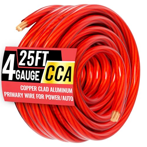4 Gauge Wire 25FT Red Copper Clad Aluminum CCA Battery Cable, Primary Power/Ground Cable for Car Audio Speaker, RV Trailer, Amp, Inverter RV Truck, Marine, Solar Equipment, Translucent Jacket