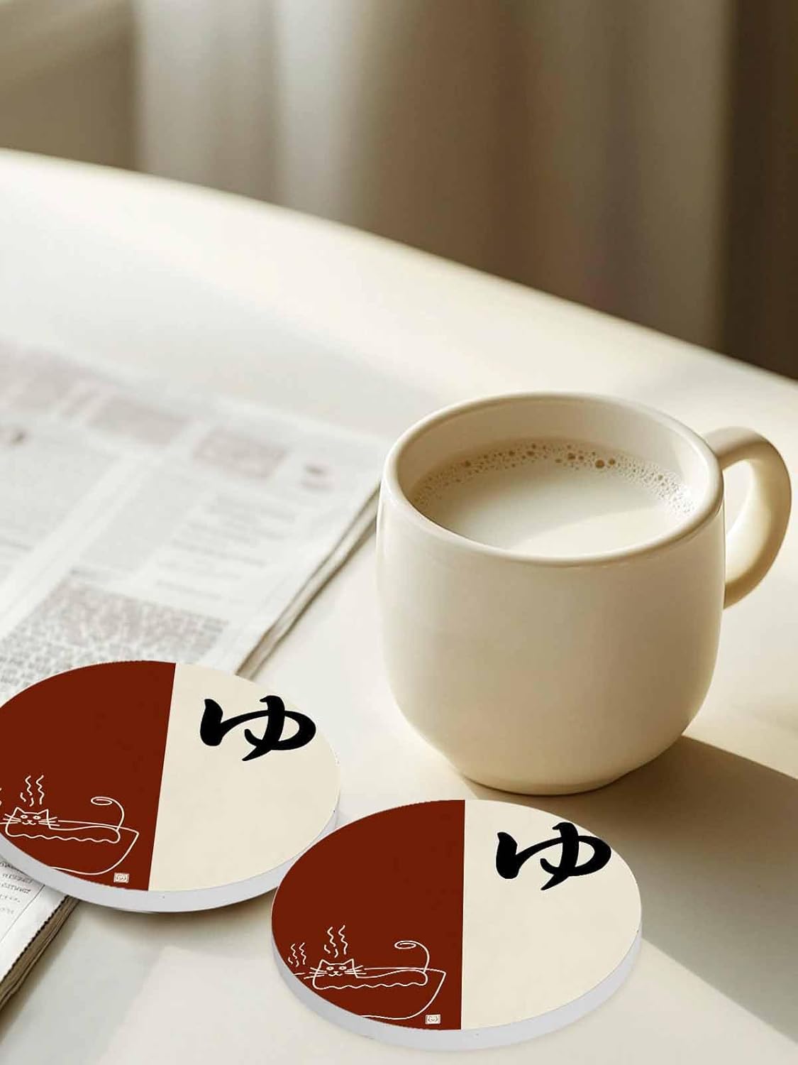 陶製コースター 円形 和風 湯 可愛い猫 ベージュ レッド 吸水 6枚セット 直径10.3cm&times;厚さ0.6cm 速乾 杯垫 滑り止め