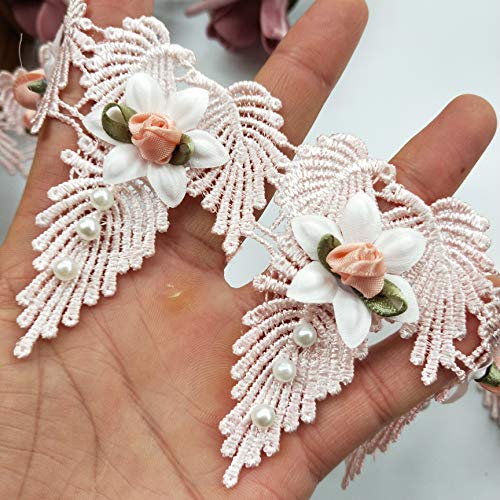 2 Yard Polyester Pearl Flower Floral Lace Edge Trim Ribbon 7.7Cm Width Vintage Style Coloured Trimmings Edging Fabric Embroidered Applique Sewing Craft Wedding Bridal Dress Party Clothes (Pink) #TOP3