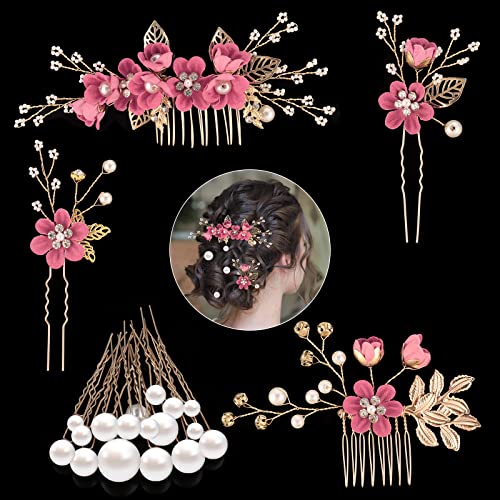 Braut Hochzeit Blume Haarnadeln, Einkirsche 22 Stück Hochzeit Braut Haarschmuck, Perlen und Blumen Haarnadel, U-förmige Brautperlen Haarnadeln Haarschmuck, Hochzeit Haarschmuck für Frauen und Mädchen Cover