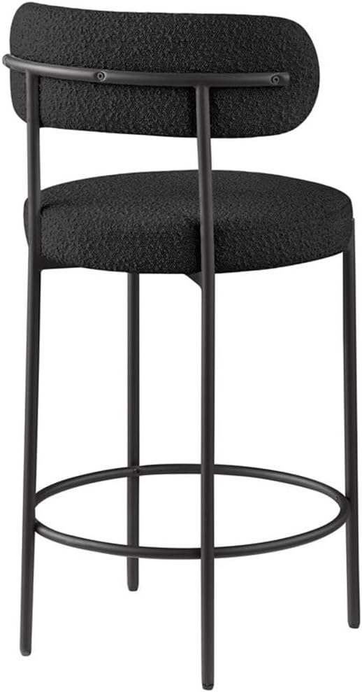 Pemberly Row Contemporary Bar Stools, Set of 2, Black Boucle Fabric, Matte Black Metal Frame, 19.5" W x 19.5" D x 38" H, Counter Height, Modern Kitchen or Home Bar Seating