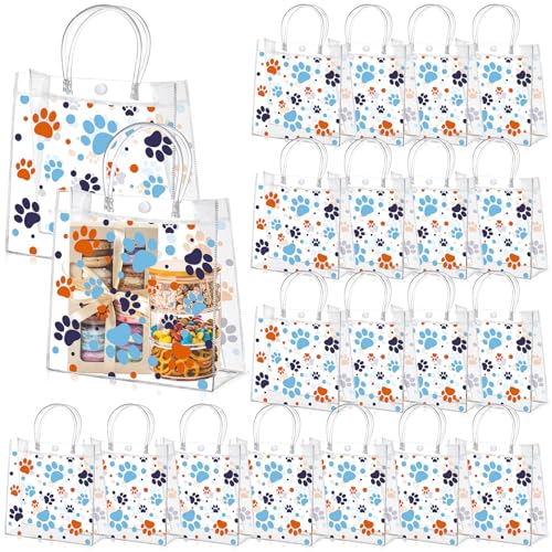Abbylike 24 Pcs Dog Paw Clear PVC Gift Bag with Handles Party Favor Bag Candy Gift Treat Bags for Sports Theme Party Decorations Game Celebration Supplies Birthday Decorations