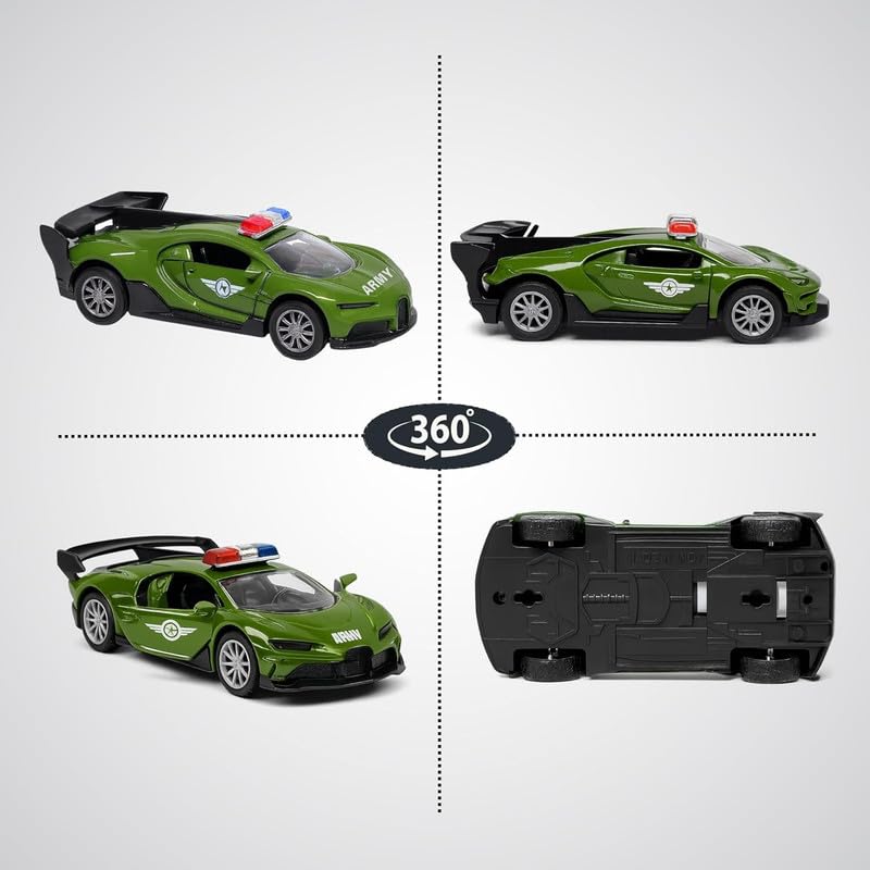 Image of Amisha Gift Gallery Diecast Army Bugatti Toy Car for Kids | 1:36 Scale Model, Metal, Pull Back, Sports Car, Boys