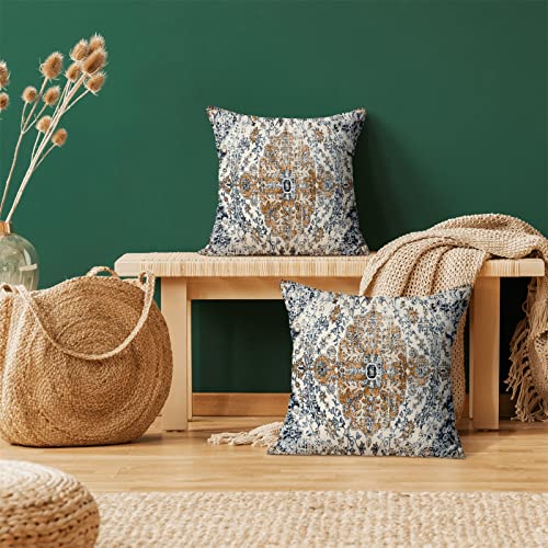 Aeioae Boho Pillow Covers 18X18 Inch Set Of 2,Carpet Pattern Throw Pillows Case,Gold Blue Ethnic Design Outdoor Decorative Square Linen Farmhouse Decor Cushion Covers For Home Sofa Bed Couch #TOP1