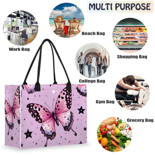 Purple Butterfly Black Star Tote Bag for Women Large Beach Bag Reusable Tote Bags for Work Travel Beach Shopping 5