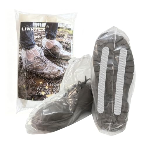 10 Pairs Waterproof Shoe Covers Disposable, 20 Anti-Slip Strips Included for Maximum Traction, Non-Slip Overshoes for Rain & Snow, Heavy Duty Plastic Boot Protectors for Men Women by LIWRTCX (Adult)