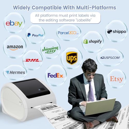 Image of ASprink Bluetooth Thermal Label Printer 4x6 - D520BT Thermal Shipping Label Printer Build-in Holder, Wireless Label Printer for Small Business, Compatible with USPS, Shopify, Ebay,Amazon, White
